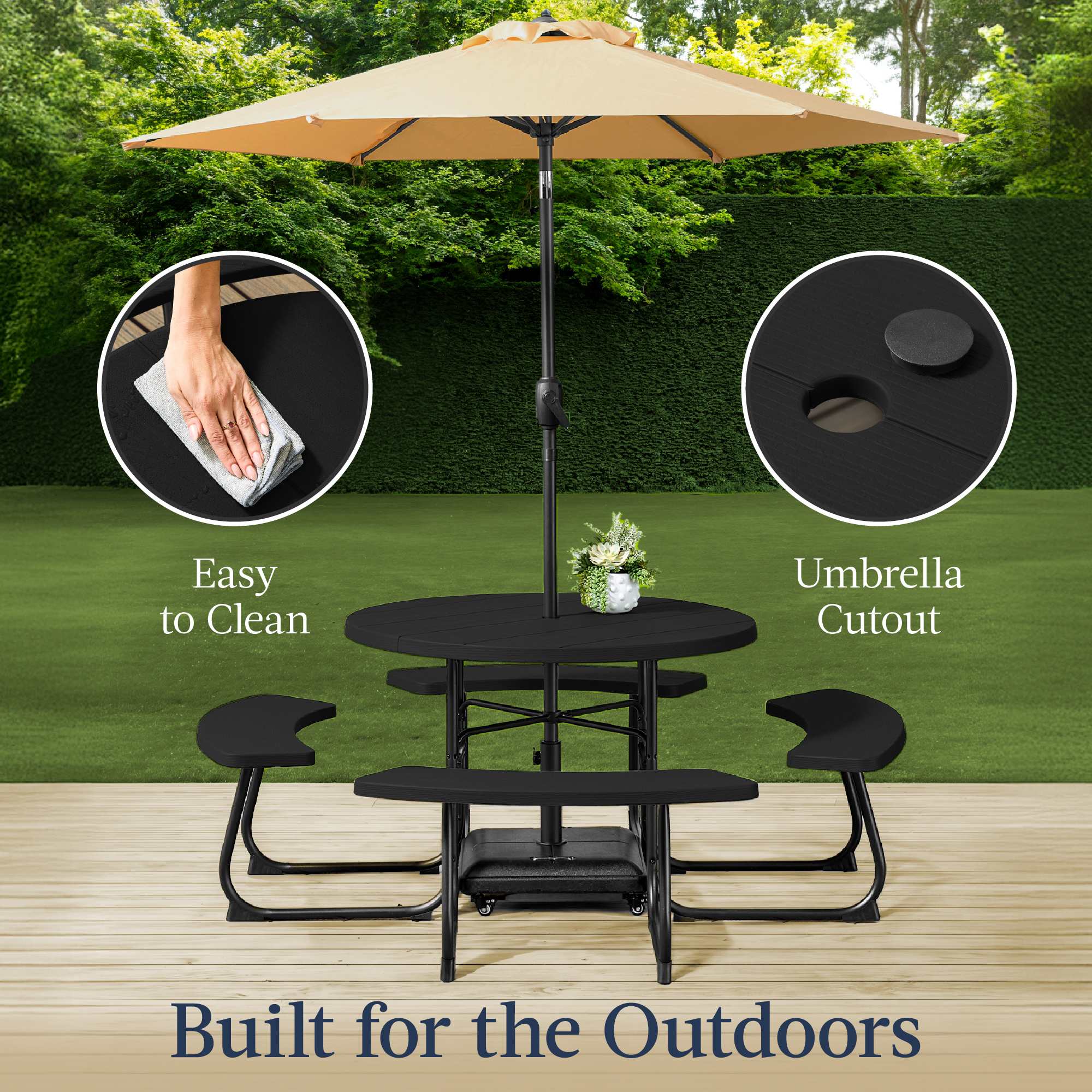 Best Choice Products 8-Person Circular Outdoor Picnic Table w/ 4 Benches Umbrella Hole 2000lb Capacity - Black Best Choice Products 8-Person Circular Outdoor Picnic Table w/ 4 Benches Umbrella Hole 2000lb Capacity - Black