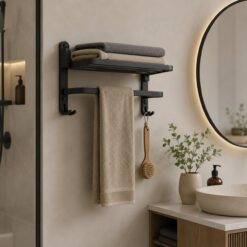 Matte Black Folding Towel Rack with Hooks – 50CM Wall Mounted Aluminum Towel Holder for Bathroom and Kitchen
