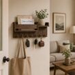 Rustic Wood Key Holder with Shelf and 6 Hooks – Wall Mounted Key Rack and Mail Organizer for Entryway and Living Room