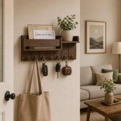 Rustic Wood Key Holder with Shelf and 6 Hooks – Wall Mounted Key Rack and Mail Organizer for Entryway and Living Room