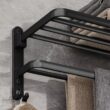 Matte Black Folding Towel Rack with Hooks – 50CM Wall Mounted Aluminum Towel Holder for Bathroom and Kitchen