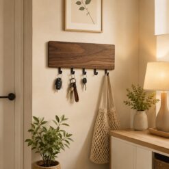 Wall Mounted Bamboo Key Holder Rack with Hooks – Decorative Key and Coat Organizer for Entryway and Home Storage