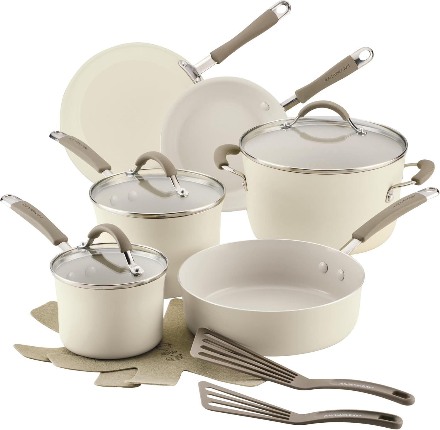 Rachael Ray Cucina Ceramic Cookware Set - 13 Pieces - Ceramic Pots and Pans Set w/Nonstick Frying Pans, Saute Pan, Saucepans, Stockpot, Lids, Pan Protectors & Cooking Utensils - Almond Rachael Ray Cucina Ceramic Cookware Set - 13 Pieces - Ceramic Pots and Pans Set w/Nonstick Frying Pans, Saute Pan, Saucepans, Stockpot, Lids, Pan Protectors & Cooking Utensils - Almond
