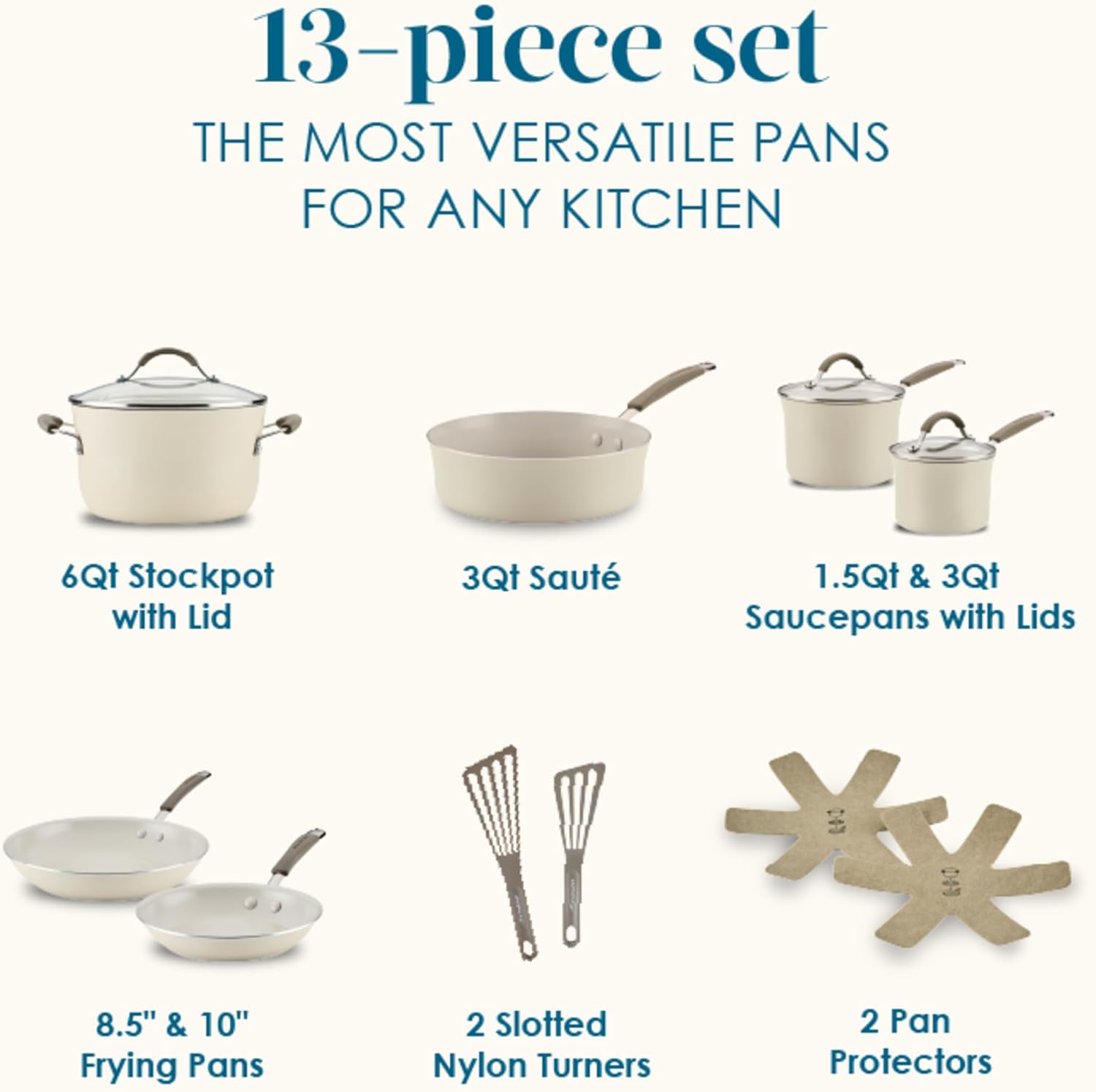 Rachael Ray Cucina Ceramic Cookware Set - 13 Pieces - Ceramic Pots and Pans Set w/Nonstick Frying Pans, Saute Pan, Saucepans, Stockpot, Lids, Pan Protectors & Cooking Utensils - Almond Rachael Ray Cucina Ceramic Cookware Set - 13 Pieces - Ceramic Pots and Pans Set w/Nonstick Frying Pans, Saute Pan, Saucepans, Stockpot, Lids, Pan Protectors & Cooking Utensils - Almond