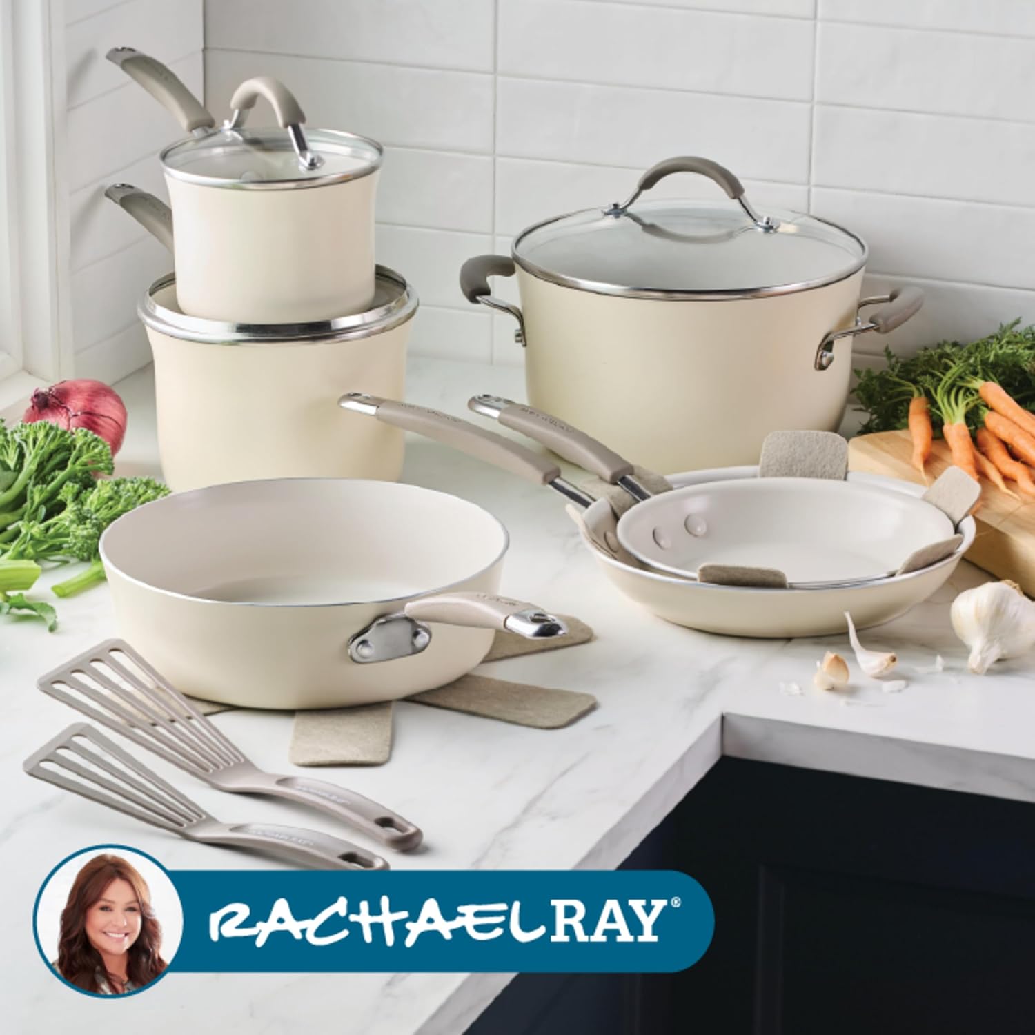 Rachael Ray Cucina Ceramic Cookware Set - 13 Pieces - Ceramic Pots and Pans Set w/Nonstick Frying Pans, Saute Pan, Saucepans, Stockpot, Lids, Pan Protectors & Cooking Utensils - Almond Rachael Ray Cucina Ceramic Cookware Set - 13 Pieces - Ceramic Pots and Pans Set w/Nonstick Frying Pans, Saute Pan, Saucepans, Stockpot, Lids, Pan Protectors & Cooking Utensils - Almond