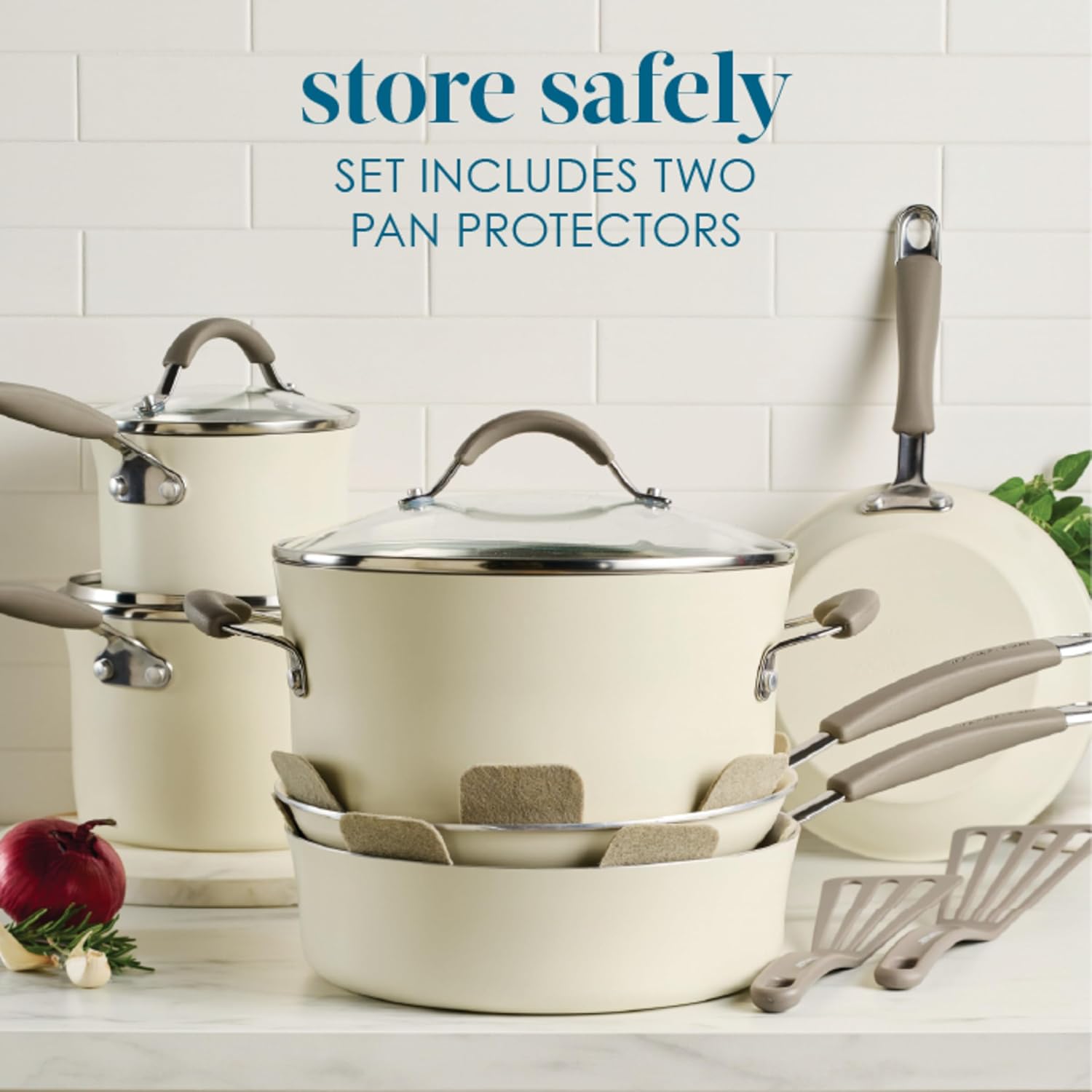 Rachael Ray Cucina Ceramic Cookware Set - 13 Pieces - Ceramic Pots and Pans Set w/Nonstick Frying Pans, Saute Pan, Saucepans, Stockpot, Lids, Pan Protectors & Cooking Utensils - Almond Rachael Ray Cucina Ceramic Cookware Set - 13 Pieces - Ceramic Pots and Pans Set w/Nonstick Frying Pans, Saute Pan, Saucepans, Stockpot, Lids, Pan Protectors & Cooking Utensils - Almond