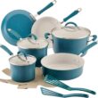 Rachael Ray Cucina Ceramic Cookware Set - 13 Pieces - Ceramic Pots and Pans Set w/Nonstick Frying Pans, Saute Pan, Saucepans, Stockpot, Lids, Pan Protectors & Cooking Utensils - Marine Blue