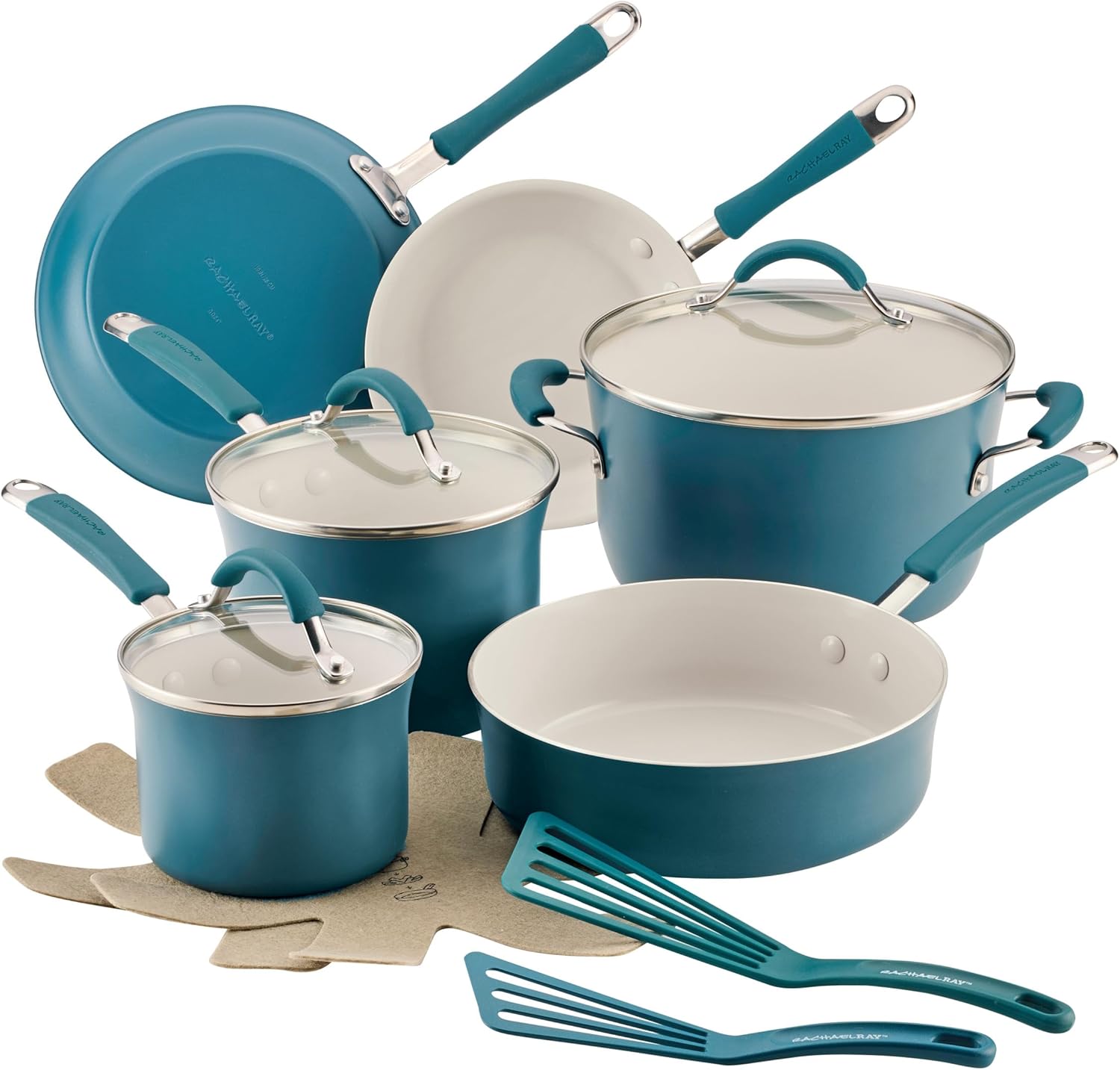 Rachael Ray Cucina Ceramic Cookware Set - 13 Pieces - Ceramic Pots and Pans Set w/Nonstick Frying Pans, Saute Pan, Saucepans, Stockpot, Lids, Pan Protectors & Cooking Utensils - Marine Blue Rachael Ray Cucina Ceramic Cookware Set - 13 Pieces - Ceramic Pots and Pans Set w/Nonstick Frying Pans, Saute Pan, Saucepans, Stockpot, Lids, Pan Protectors & Cooking Utensils - Marine Blue