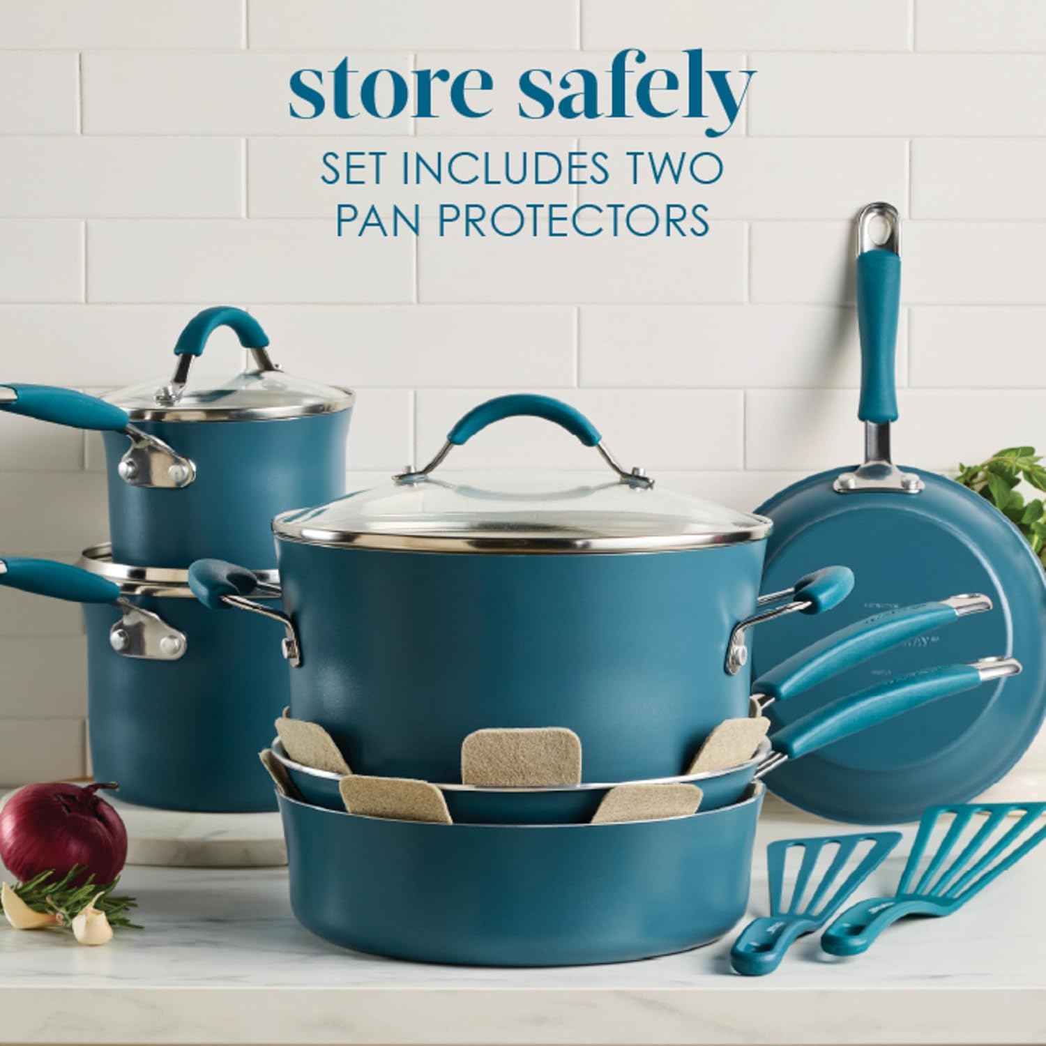 Rachael Ray Cucina Ceramic Cookware Set - 13 Pieces - Ceramic Pots and Pans Set w/Nonstick Frying Pans, Saute Pan, Saucepans, Stockpot, Lids, Pan Protectors & Cooking Utensils - Marine Blue Rachael Ray Cucina Ceramic Cookware Set - 13 Pieces - Ceramic Pots and Pans Set w/Nonstick Frying Pans, Saute Pan, Saucepans, Stockpot, Lids, Pan Protectors & Cooking Utensils - Marine Blue