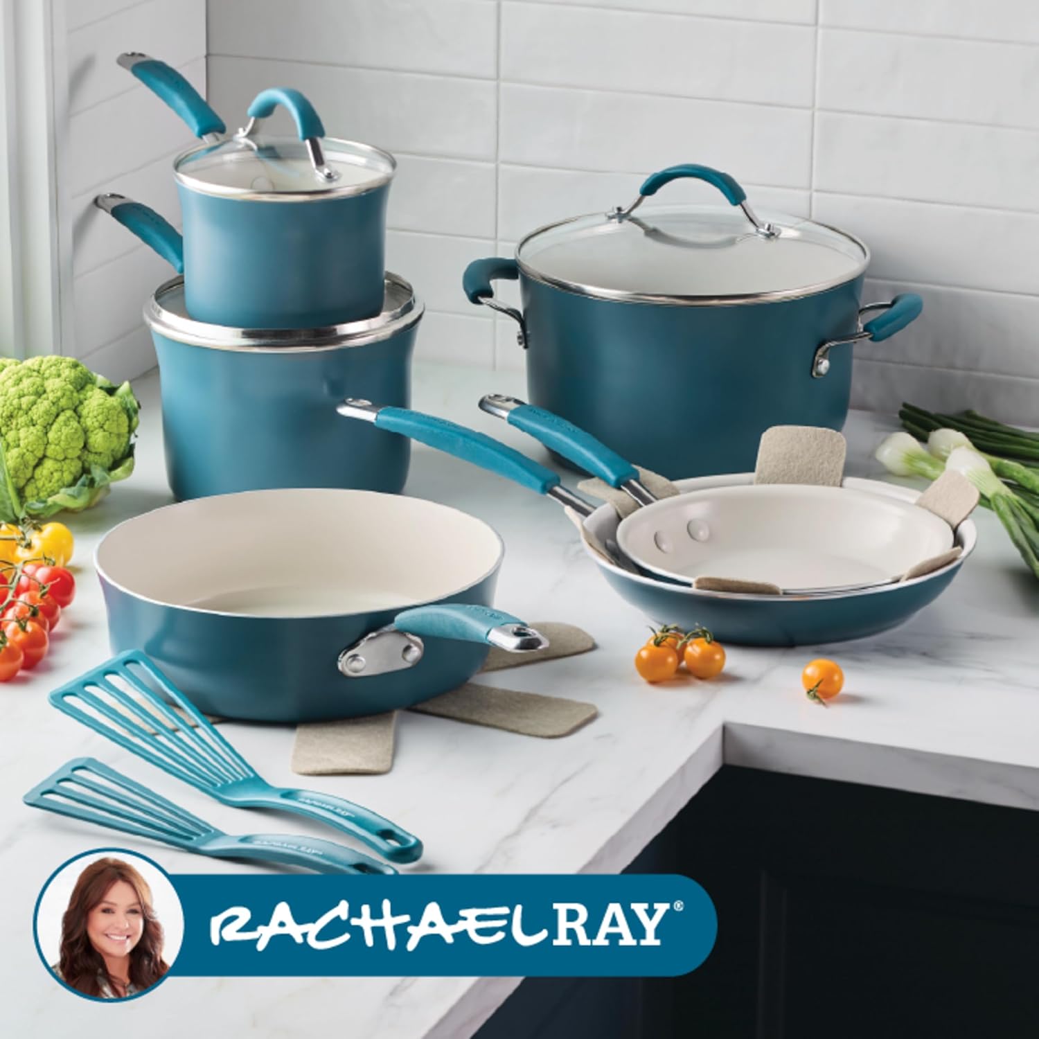Rachael Ray Cucina Ceramic Cookware Set - 13 Pieces - Ceramic Pots and Pans Set w/Nonstick Frying Pans, Saute Pan, Saucepans, Stockpot, Lids, Pan Protectors & Cooking Utensils - Marine Blue Rachael Ray Cucina Ceramic Cookware Set - 13 Pieces - Ceramic Pots and Pans Set w/Nonstick Frying Pans, Saute Pan, Saucepans, Stockpot, Lids, Pan Protectors & Cooking Utensils - Marine Blue