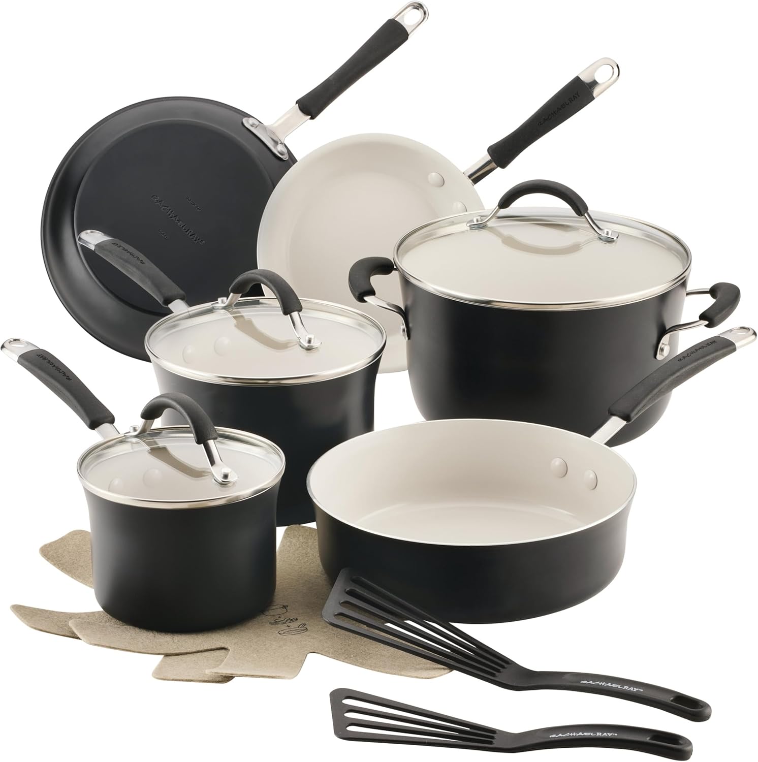 Rachael Ray Cucina Ceramic Cookware Set - 13 Pieces - Ceramic Pots and Pans Set w/Nonstick Frying Pans, Saute Pan, Saucepans, Stockpot, Lids, Pan Protectors & Cooking Utensils - Peppercorn Rachael Ray Cucina Ceramic Cookware Set - 13 Pieces - Ceramic Pots and Pans Set w/Nonstick Frying Pans, Saute Pan, Saucepans, Stockpot, Lids, Pan Protectors & Cooking Utensils - Peppercorn