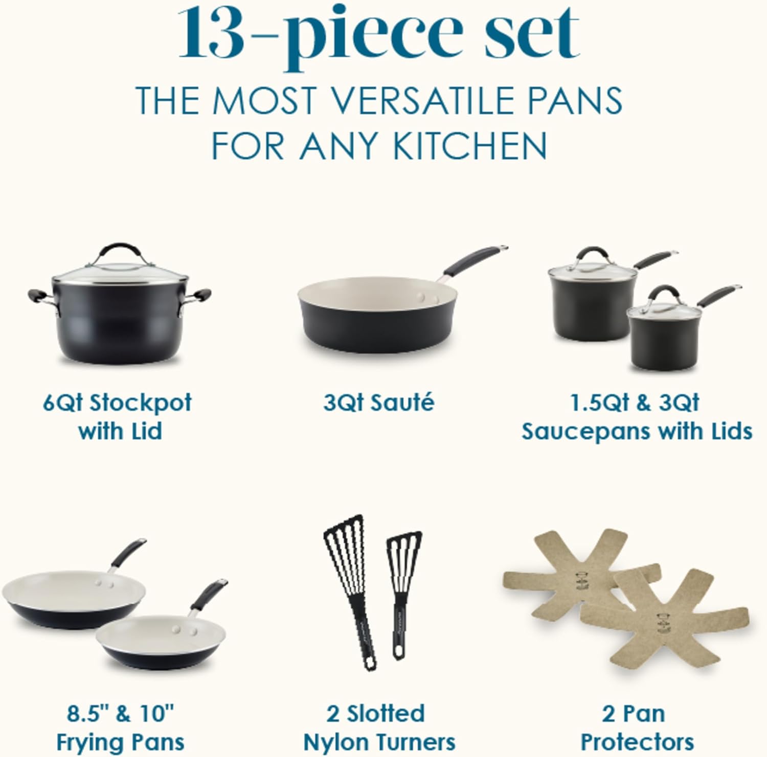 Rachael Ray Cucina Ceramic Cookware Set - 13 Pieces - Ceramic Pots and Pans Set w/Nonstick Frying Pans, Saute Pan, Saucepans, Stockpot, Lids, Pan Protectors & Cooking Utensils - Peppercorn Rachael Ray Cucina Ceramic Cookware Set - 13 Pieces - Ceramic Pots and Pans Set w/Nonstick Frying Pans, Saute Pan, Saucepans, Stockpot, Lids, Pan Protectors & Cooking Utensils - Peppercorn