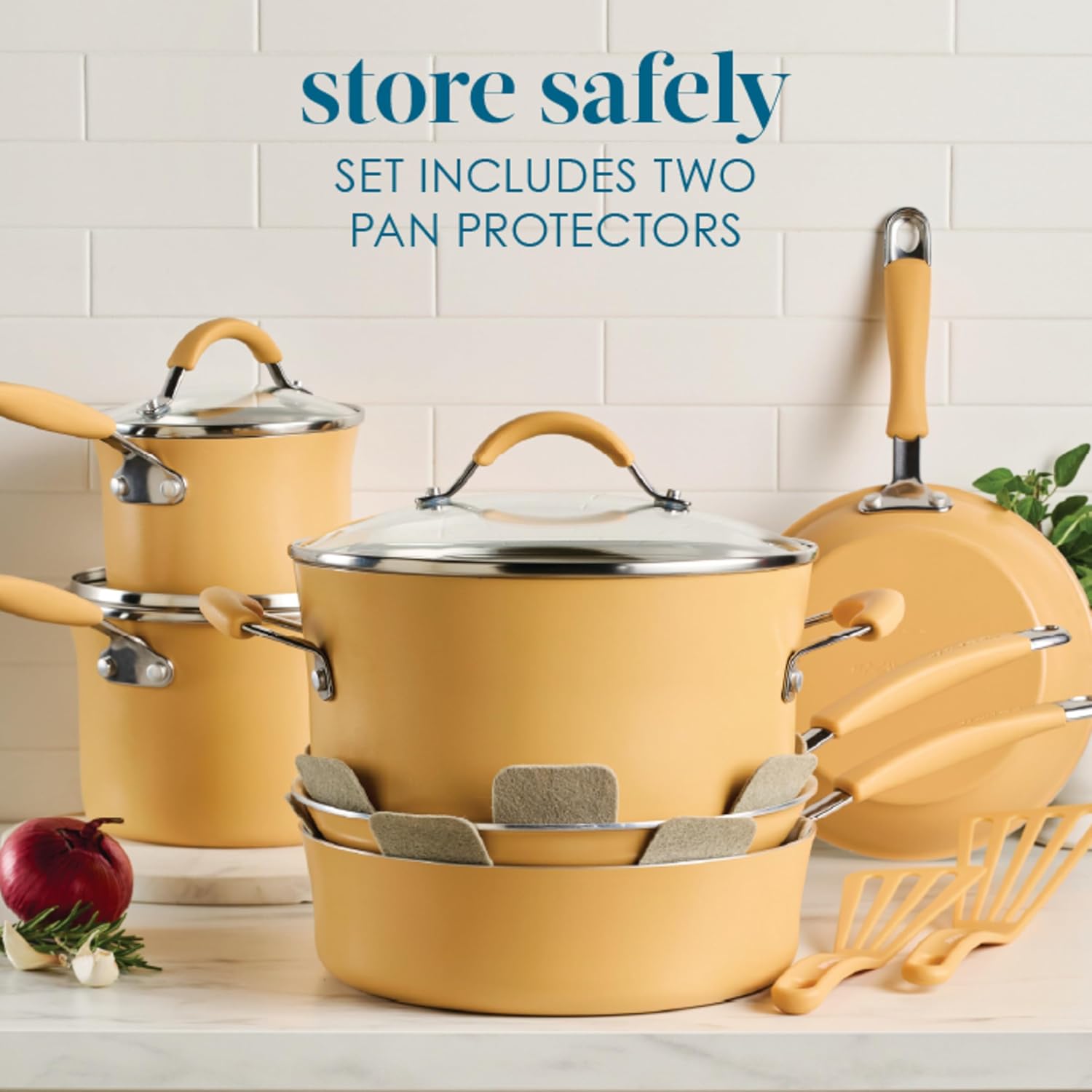 Rachael Ray Cucina Ceramic Cookware Set - 13 Pieces - Ceramic Pots and Pans Set w/Nonstick Frying Pans, Saute Pan, Saucepans, Stockpot, Lids, Pan Protectors & Cooking Utensils - Turmeric Rachael Ray Cucina Ceramic Cookware Set - 13 Pieces - Ceramic Pots and Pans Set w/Nonstick Frying Pans, Saute Pan, Saucepans, Stockpot, Lids, Pan Protectors & Cooking Utensils - Turmeric