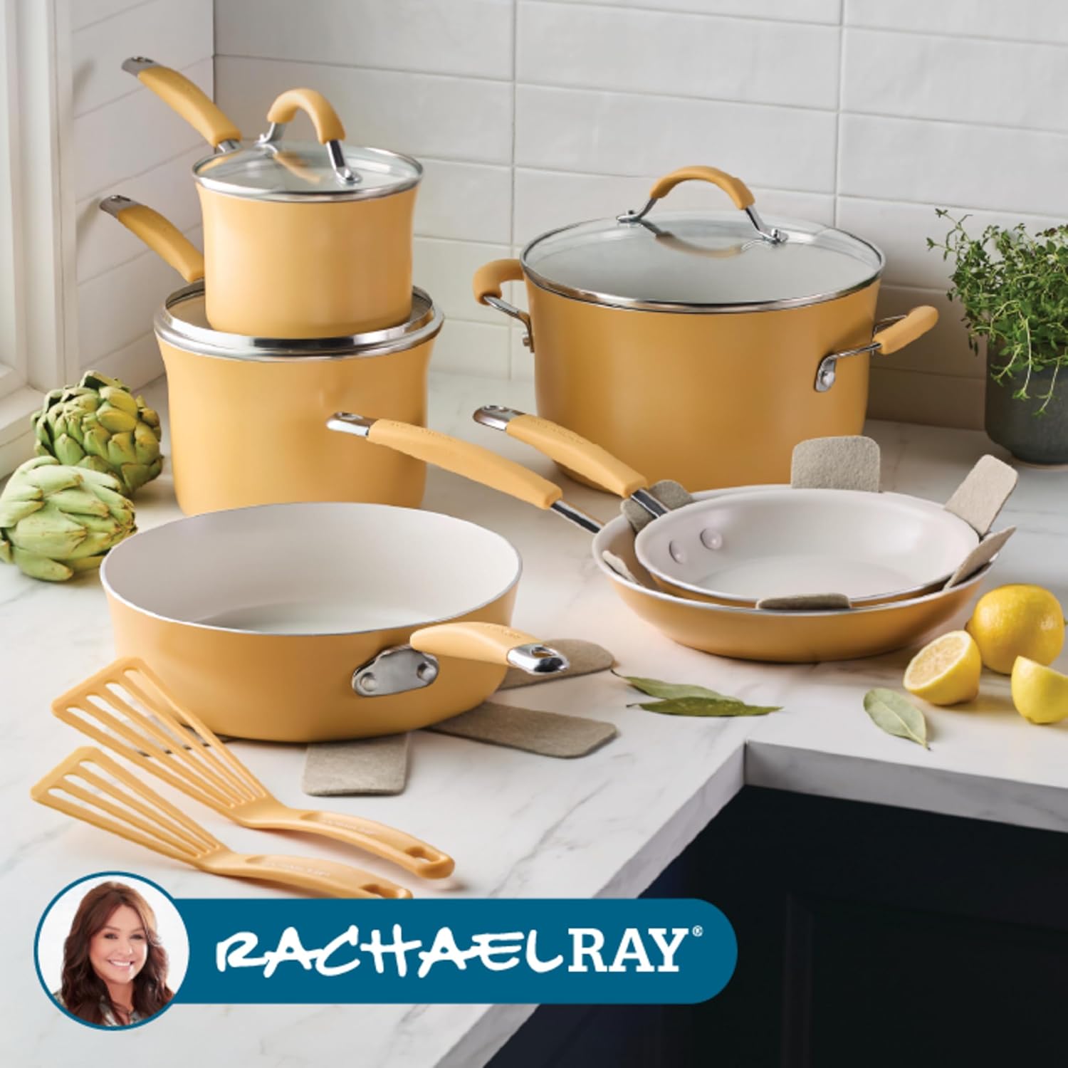 Rachael Ray Cucina Ceramic Cookware Set - 13 Pieces - Ceramic Pots and Pans Set w/Nonstick Frying Pans, Saute Pan, Saucepans, Stockpot, Lids, Pan Protectors & Cooking Utensils - Turmeric Rachael Ray Cucina Ceramic Cookware Set - 13 Pieces - Ceramic Pots and Pans Set w/Nonstick Frying Pans, Saute Pan, Saucepans, Stockpot, Lids, Pan Protectors & Cooking Utensils - Turmeric