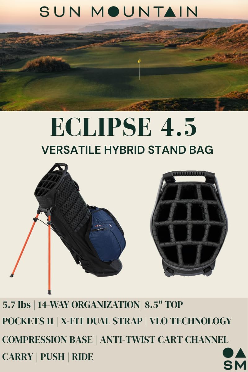 Sun Mountain Men's Eclipse 4.5 Lightweight VLO Hybrid Stand Golf Bag, 14-Way Top, 2026 Model, Gray White Black Sun Mountain Men's Eclipse 4.5 Lightweight VLO Hybrid Stand Golf Bag, 14-Way Top, 2026 Model