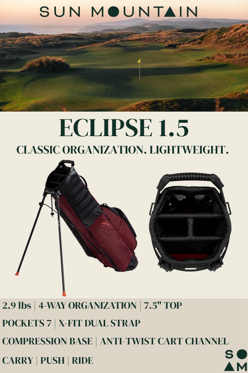 Sun Mountain Men's Eclipse 1.5 Lightweight Stand Golf Bag, 4-Way Top, 2026 Model, Black Navy Sun Mountain Men's Eclipse 1.5 Lightweight Stand Golf Bag, 4-Way Top, 2026 Model