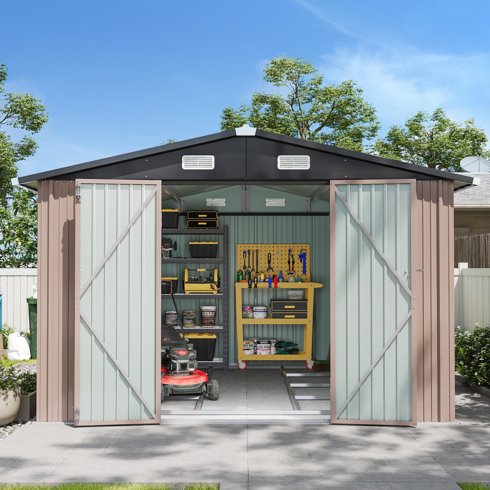 AOXUN 10x8 FT Outdoor Metal Storage Shed with Lockable Door Perfect for Tools Garden Equipment Bikes Comes with Base Ideal for Patio Placement AOXUN 10x8 FT Outdoor Metal Storage Shed with Lockable Door Perfect for Tools Garden Equipment Bikes Comes with Base Ideal for Patio Placement