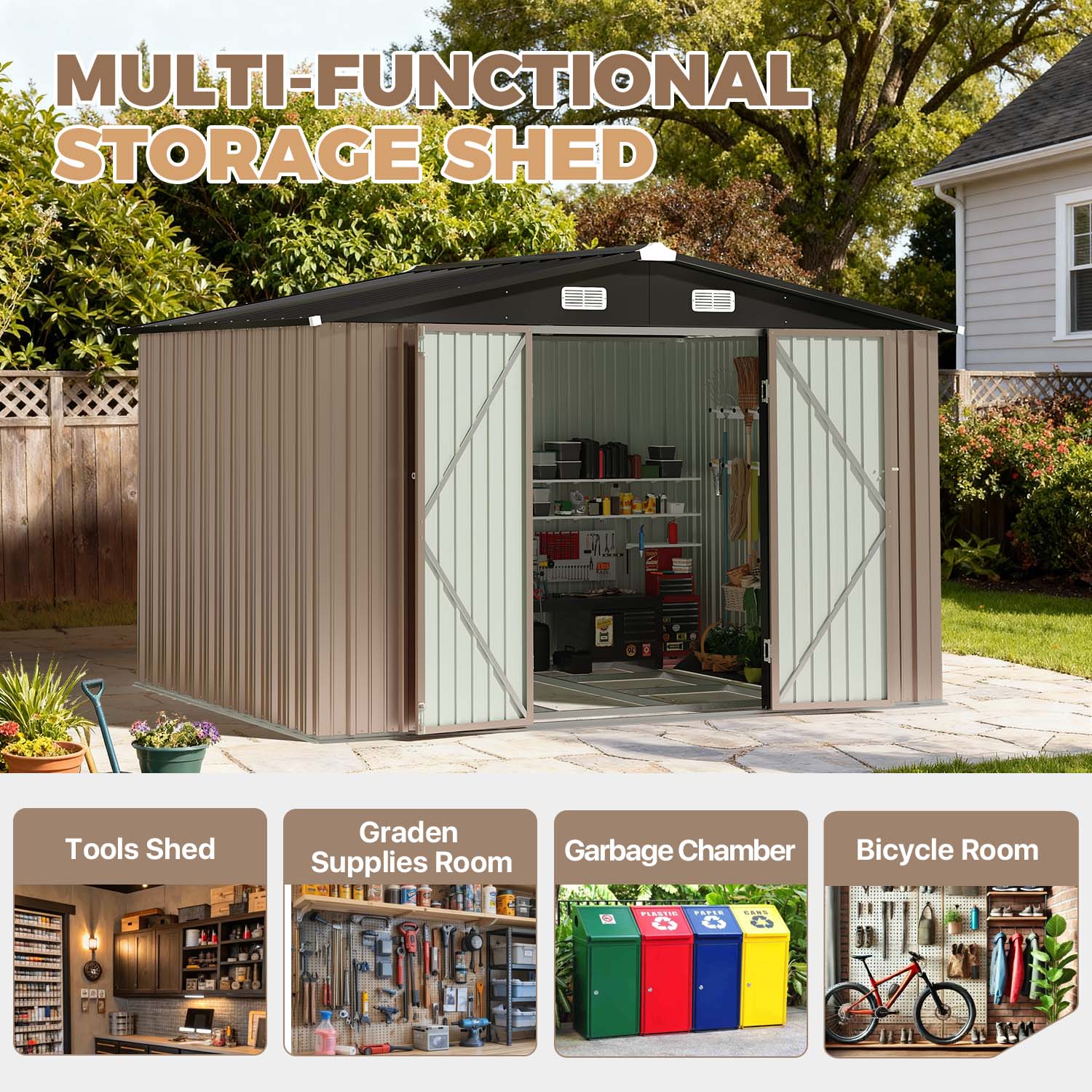 AOXUN 10x8 FT Outdoor Metal Storage Shed with Lockable Door Perfect for Tools Garden Equipment Bikes Comes with Base Ideal for Patio Placement AOXUN 10x8 FT Outdoor Metal Storage Shed with Lockable Door Perfect for Tools Garden Equipment Bikes Comes with Base Ideal for Patio Placement