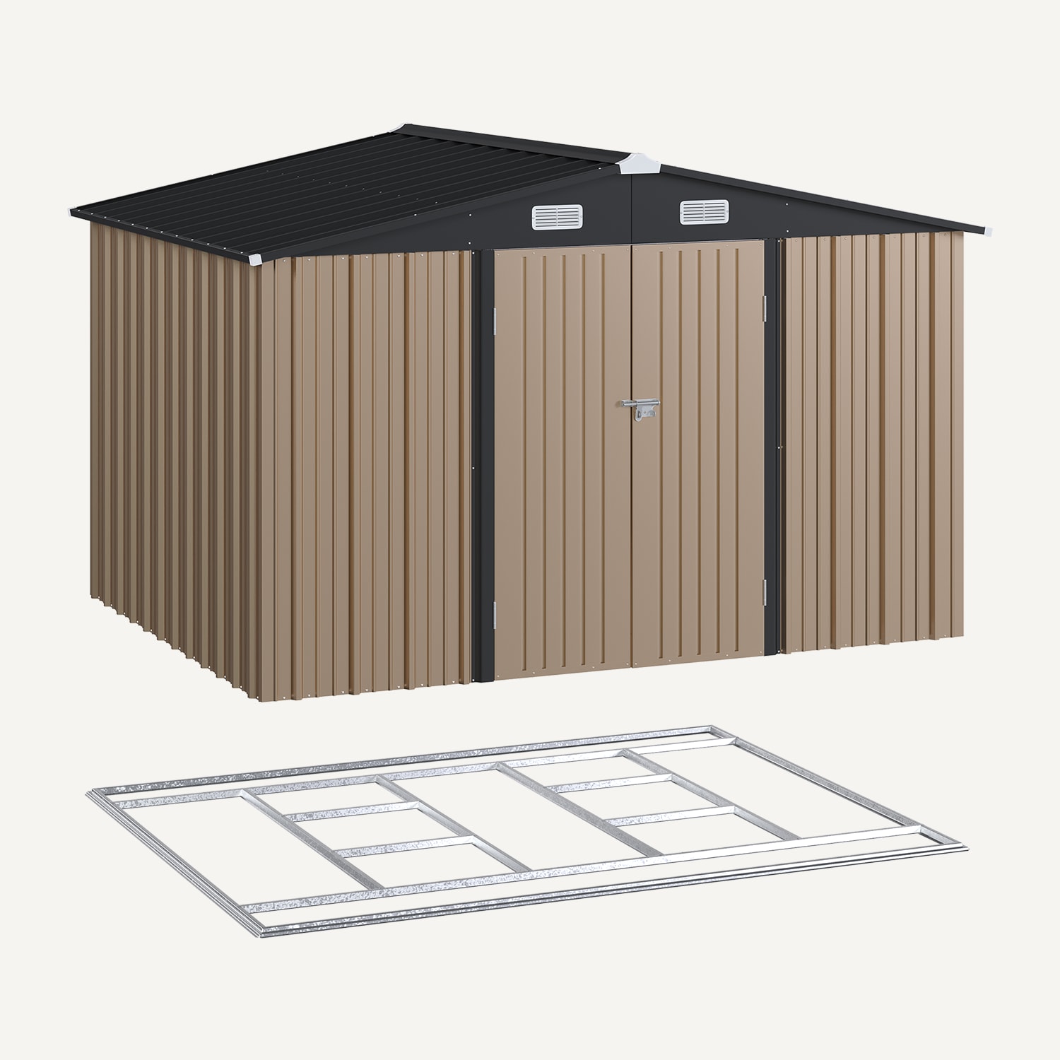 AOXUN 10x8 FT Outdoor Metal Storage Shed with Lockable Door Perfect for Tools Garden Equipment Bikes Comes with Base Ideal for Patio Placement AOXUN 10x8 FT Outdoor Metal Storage Shed with Lockable Door Perfect for Tools Garden Equipment Bikes Comes with Base Ideal for Patio Placement