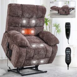 GZMR Heavy Duty Heat Massage Dual Motor Power Lift Recliner Brown Chenille Upholstered Powered Reclining Massage chair with Lift Assistance
