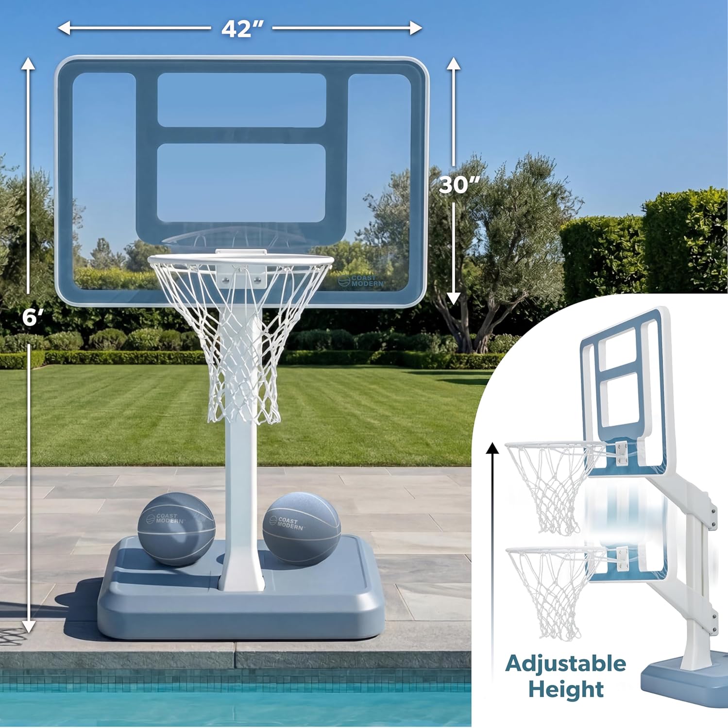 Coast Modern Pool Basketball Hoop with Adjustable Height - Poolside Basketball Hoop with Weighted Base, Premium Acrylic Backboard, & 18" Steel Rim Coast Modern Pool Basketball Hoop with Adjustable Height - Poolside Basketball Hoop with Weighted Base, Premium Acrylic Backboard, & 18" Steel Rim