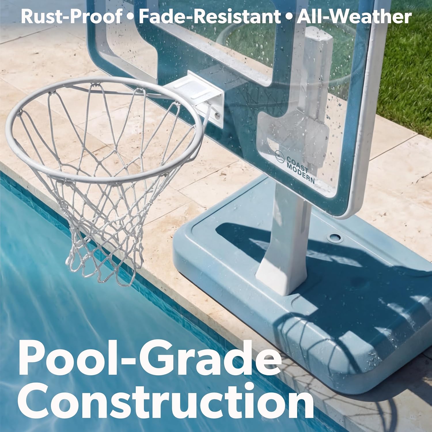 Coast Modern Pool Basketball Hoop with Adjustable Height - Poolside Basketball Hoop with Weighted Base, Premium Acrylic Backboard, & 18" Steel Rim Coast Modern Pool Basketball Hoop with Adjustable Height - Poolside Basketball Hoop with Weighted Base, Premium Acrylic Backboard, & 18" Steel Rim