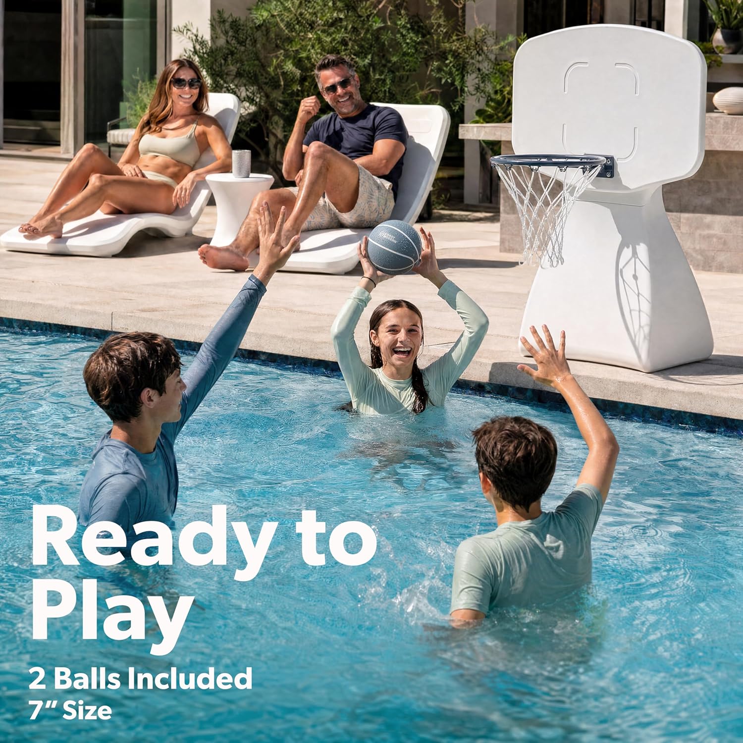 GoSports Coast Modern Poolside Basketball Hoop with Wheels - Premium Outdoor Pool Basketball Hoop with 2 Swimming Pool Basketballs and Ball Pump, White Coast Modern Poolside Basketball Hoop with Wheels - Premium Outdoor Pool Basketball Hoop with 2 Swimming Pool Basketballs and Ball Pump