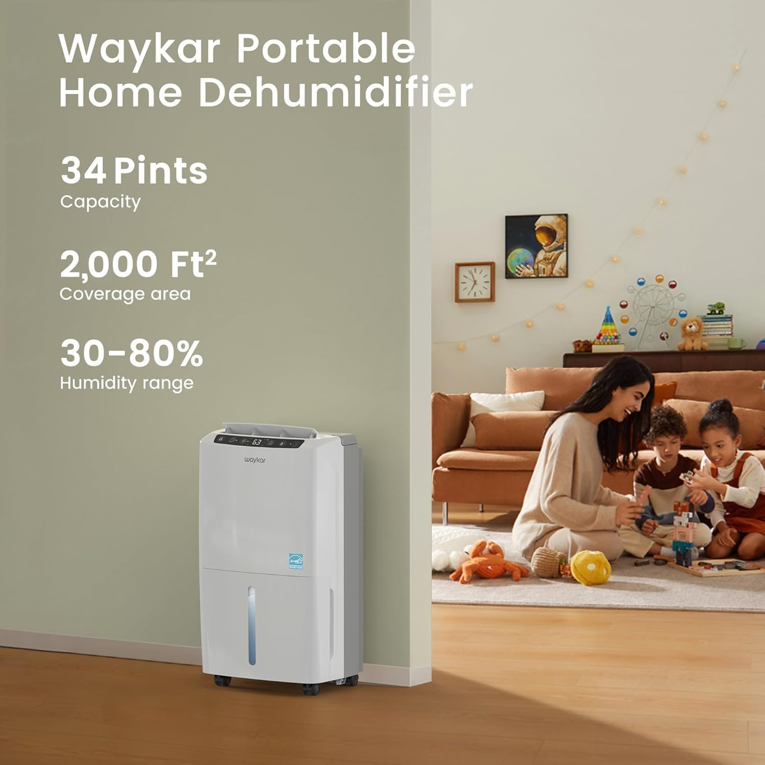 Waykar 2000 Sq. Ft 34 Pints 2025 Most Efficient Energy Star Dehumidifier for Home and Basement with Auto or Manual Drainage, Quiet 33dB Operation, 0.62 Gallon Water Tank Capacity Waykar 2000 Sq. Ft 34 Pints 2025 Most Efficient Energy Star Dehumidifier for Home and Basement with Auto or Manual Drainage, Quiet 33dB Operation, 0.62 Gallon Water Tank Capacity