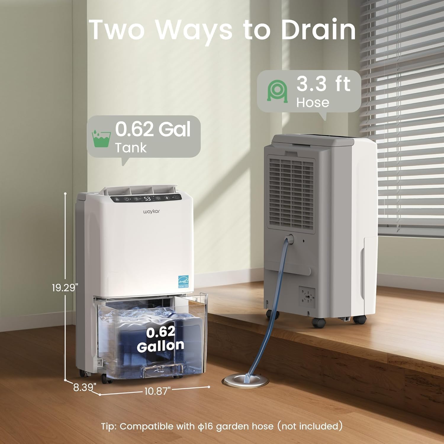 Waykar 2000 Sq. Ft 34 Pints 2025 Most Efficient Energy Star Dehumidifier for Home and Basement with Auto or Manual Drainage, Quiet 33dB Operation, 0.62 Gallon Water Tank Capacity Waykar 2000 Sq. Ft 34 Pints 2025 Most Efficient Energy Star Dehumidifier for Home and Basement with Auto or Manual Drainage, Quiet 33dB Operation, 0.62 Gallon Water Tank Capacity
