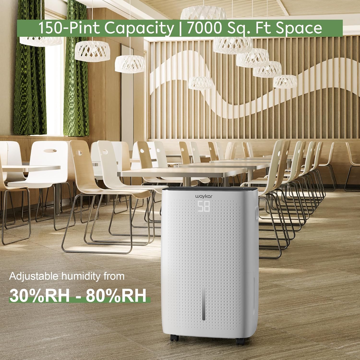 Waykar 150 Pint 7,000 Sq.Ft Dehumidifier for Basement & Home, Large Room, Smart Compressor Dehumidifier with Drain Hose & Tank for Commercial, 30%-80% Humidity Control, 92° Auto Swing, Auto Defrost. Waykar 150 Pint 7,000 Sq.Ft Dehumidifier for Basement & Home, Large Room, Smart Compressor Dehumidifier with Drain Hose & Tank for Commercial, 30%-80% Humidity Control, 92° Auto Swing, Auto Defrost.