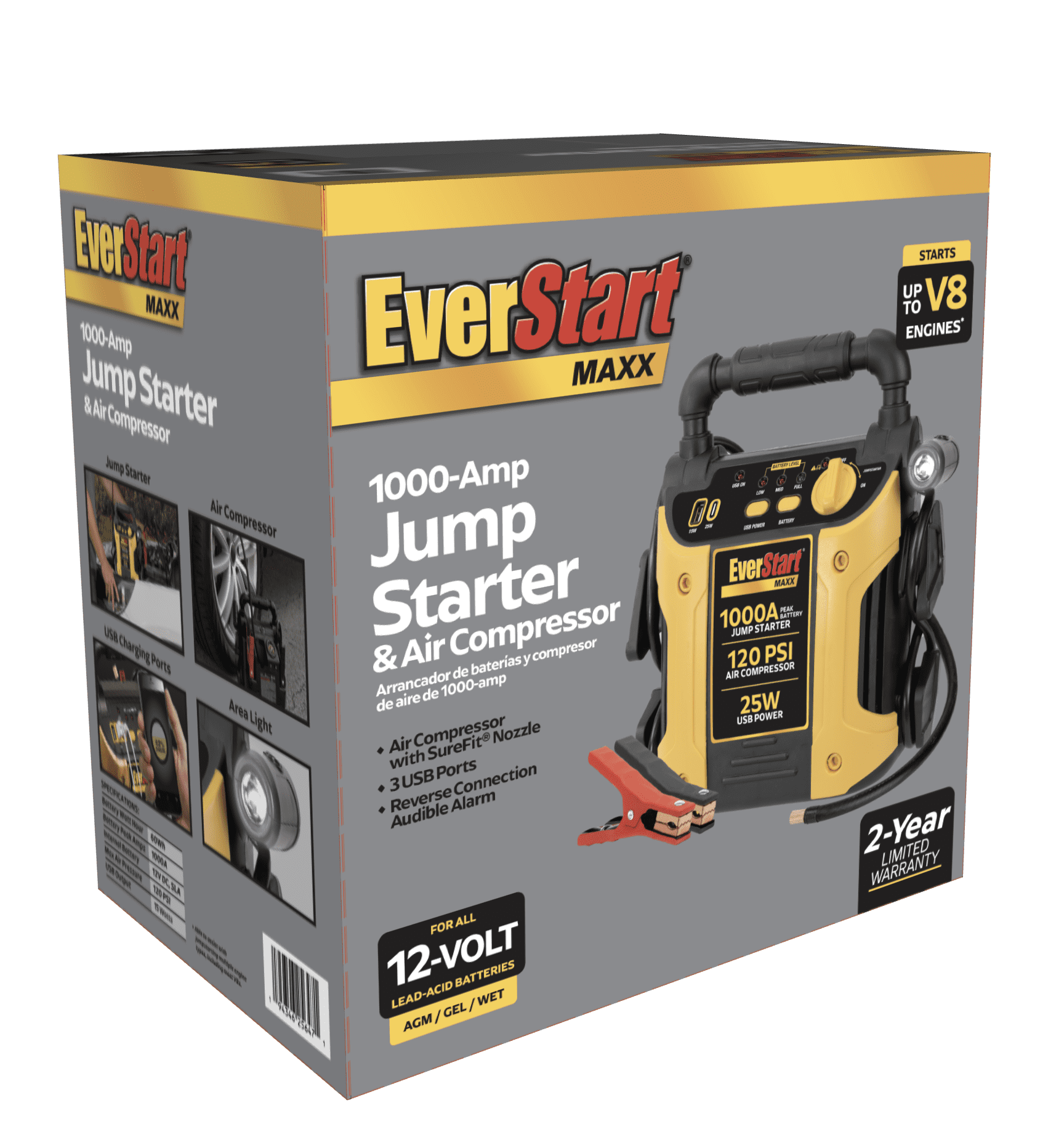 EverStart Maxx 1000 Peak Amp Jump Starter with 120 PSI Compressor, Pivoting LED Light, 3X USB Ports EverStart Maxx 1000 Peak Amp Jump Starter with 120 PSI Compressor, Pivoting LED Light, 3X USB Ports