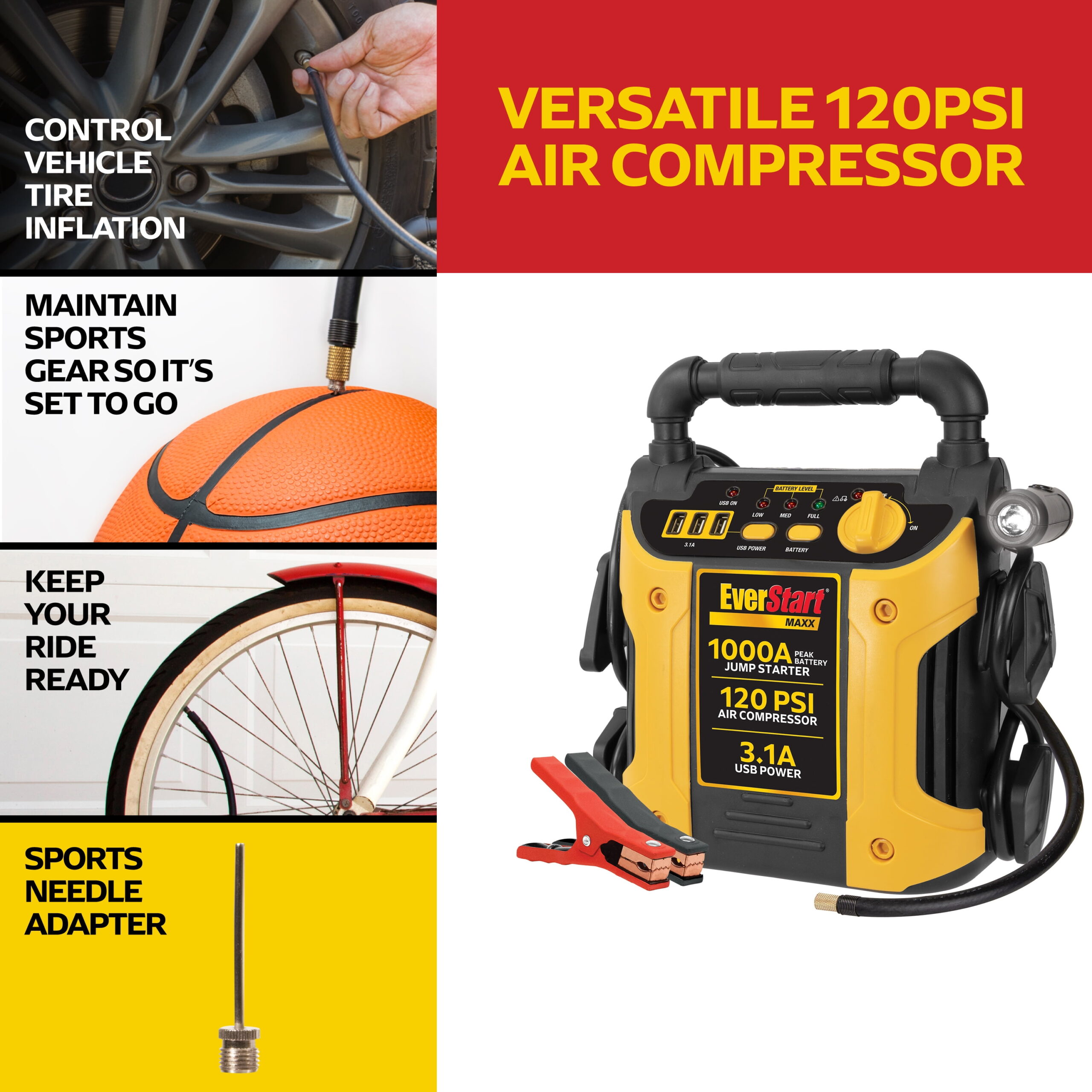 EverStart Maxx 1000 Peak Amp Jump Starter with 120 PSI Compressor, Pivoting LED Light, 3X USB Ports EverStart Maxx 1000 Peak Amp Jump Starter with 120 PSI Compressor, Pivoting LED Light, 3X USB Ports