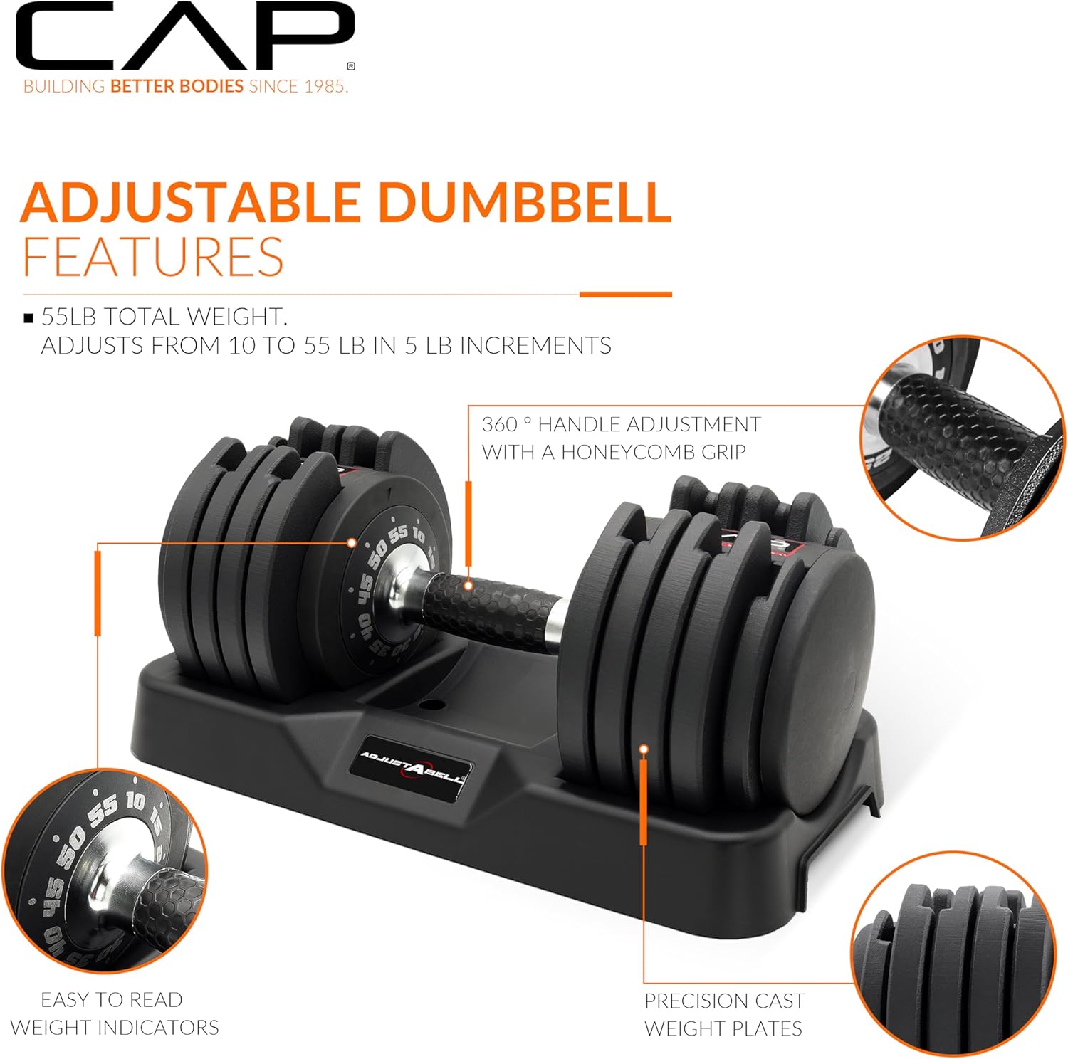 CAP Adjustabell G6 Round Adjustable Dumbbell, Black Handle CAP ADJUSTABELL Adjustable Dumbbell Weights - Singles & Pairs | 12.5 lb, 25 lb & 55 lb | Multiple Handle Options