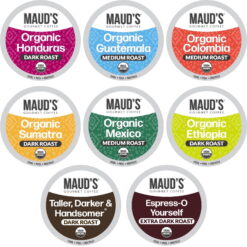 Maud's Organic Coffee Pods Variety Pack, 56 ct, 8 Assorted Flavors, Single Serve Pods – 100% Arabica Coffee, Compatible with Keurig K Cups Maker