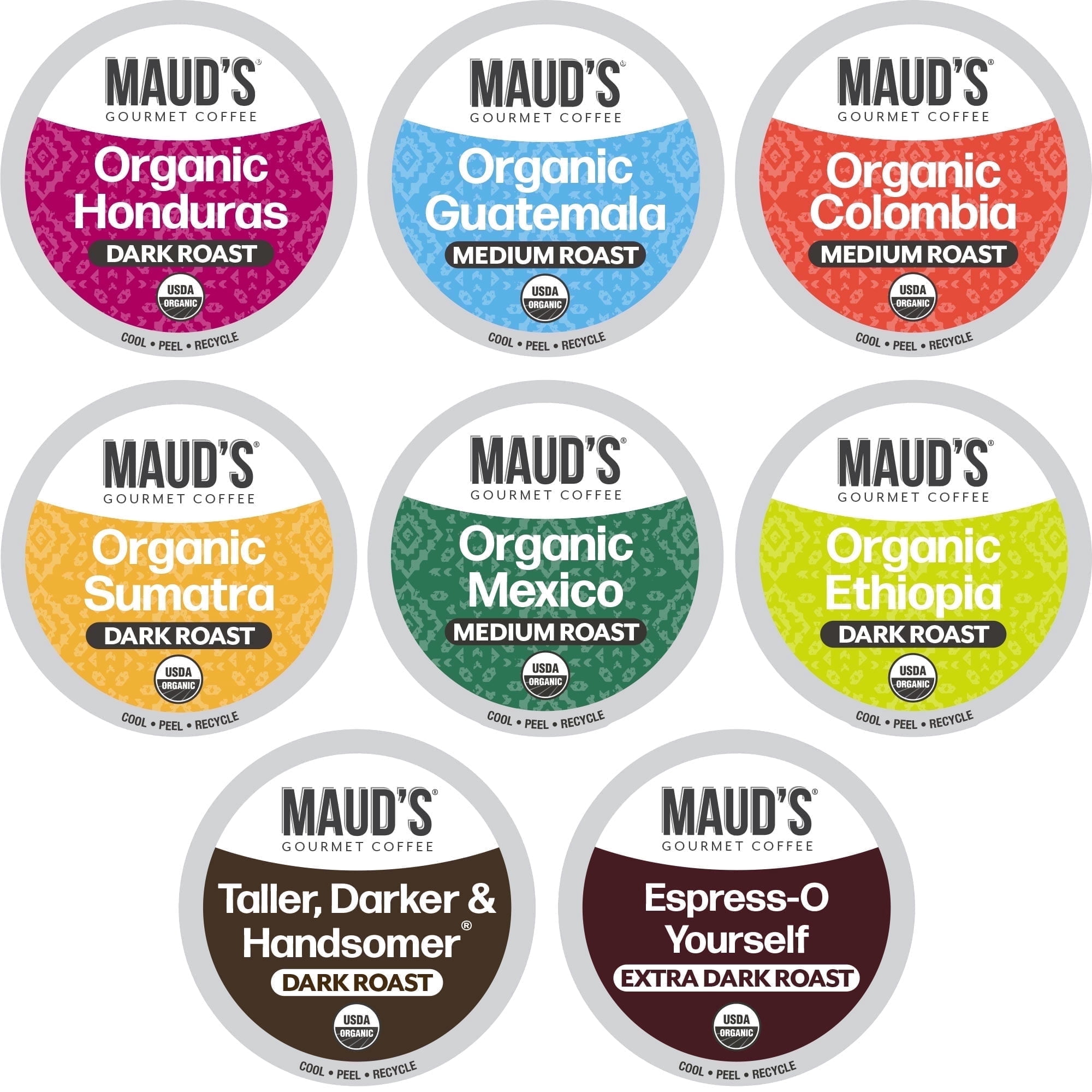 Maud's Organic Coffee Pods Variety Pack, 56 ct, 8 Assorted Flavors, Single Serve Pods – 100% Arabica Coffee, Compatible with Keurig K Cups Maker