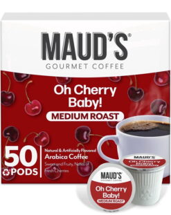 Maud's Cherry Flavored Coffee Pods, 50ct, Medium Roast Flavored Coffee in Single Serve Pods – 100% Arabica Beans, Compatible with Keurig K Cups Maker
