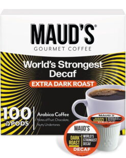 Maud's World's Strongest Decaf Coffee Pods, 100 ct, Decaffeinated Dark Roast Coffee in Single Serve Pods – 100% Arabica Beans, Compatible with Keurig K Cups Maker