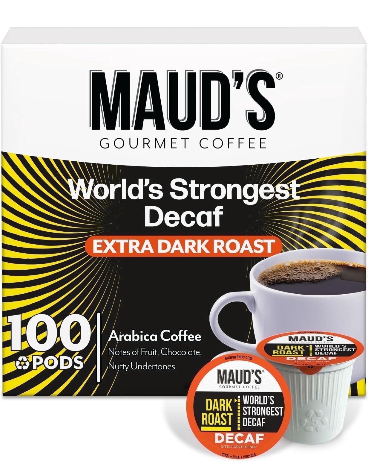 Maud's World's Strongest Decaf Coffee Pods, 100 ct, Decaffeinated Dark Roast Coffee in Single Serve Pods – 100% Arabica Beans, Compatible with Keurig K Cups Maker Maud's World's Strongest Decaf Coffee Pods, 100 ct, Decaffeinated Dark Roast Coffee in Single Serve Pods – 100% Arabica Beans, Compatible with Keurig K Cups Maker