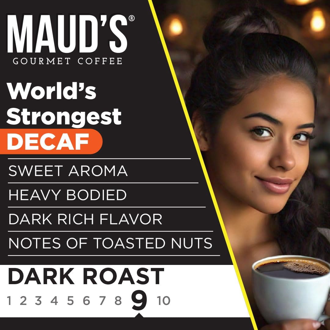 Maud's World's Strongest Decaf Coffee Pods, 100 ct, Decaffeinated Dark Roast Coffee in Single Serve Pods – 100% Arabica Beans, Compatible with Keurig K Cups Maker Maud's World's Strongest Decaf Coffee Pods, 100 ct, Decaffeinated Dark Roast Coffee in Single Serve Pods – 100% Arabica Beans, Compatible with Keurig K Cups Maker