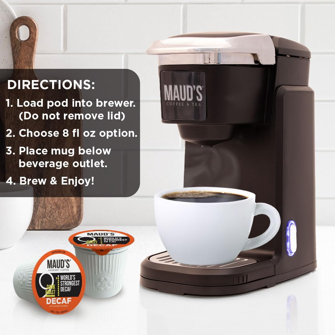 Maud's World's Strongest Decaf Coffee Pods, 100 ct, Decaffeinated Dark Roast Coffee in Single Serve Pods – 100% Arabica Beans, Compatible with Keurig K Cups Maker Maud's World's Strongest Decaf Coffee Pods, 100 ct, Decaffeinated Dark Roast Coffee in Single Serve Pods – 100% Arabica Beans, Compatible with Keurig K Cups Maker