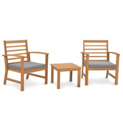 Costway 3 PCS Outdoor Furniture Set Acacia Wood Conversation Set with Soft Seat Cushions Grey