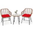 Costway 3PCS Patio Rattan Bistro Set Coffee Table Armchair Garden Red Cushion