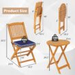 Costway 3 PCS Acacia Wood Patio Bistro Set Folding Table and Chairs Set with Cushions Navy