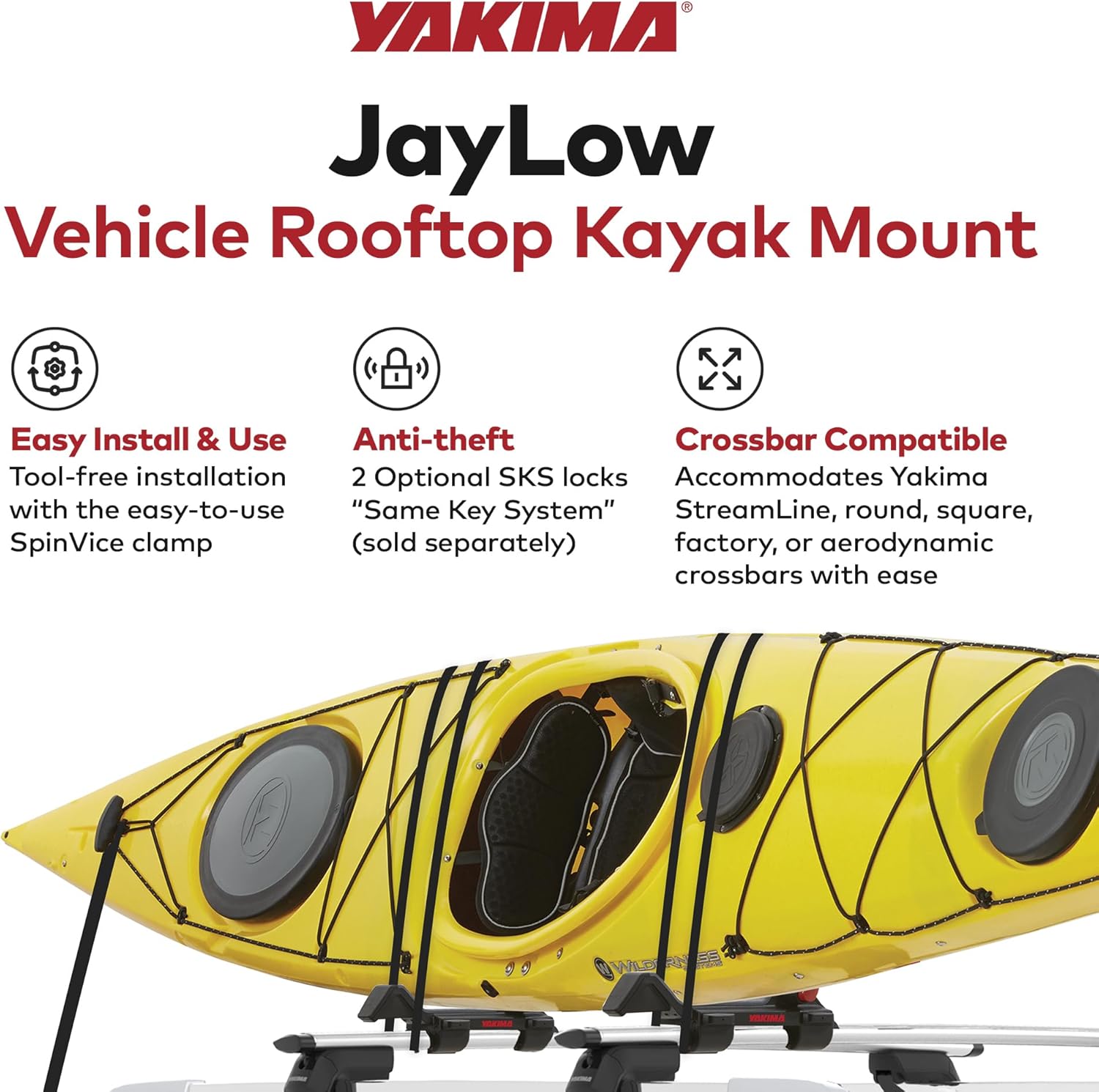 Yakima JayLow J-Cradle Rooftop Kayak Mount for 1 or 2 Kayaks – Car Roof Rack Carrier for Round, Square, Factory or Aerodynamic Crossbars, Holds 1 Boat Up to 100lbs or 2 Boats Up to 130lbs Total Yakima JayLow J-Cradle Rooftop Kayak Mount for 1 or 2 Kayaks – Car Roof Rack Carrier for Round, Square, Factory or Aerodynamic Crossbars, Holds 1 Boat Up to 100lbs or 2 Boats Up to 130lbs Total