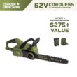 Green Machine 62V Brushless 16 in. Battery Chainsaw Auto-tensioning system, easy trigger start with 4 Ah Battery and Charger GMCS6200