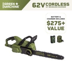 Green Machine 62V Brushless 16 in. Battery Chainsaw Auto-tensioning system, easy trigger start with 4 Ah Battery and Charger GMCS6200