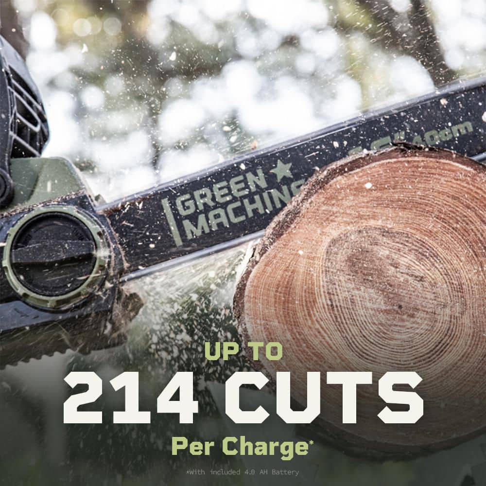 Green Machine 62V Brushless 16 in. Battery Chainsaw Auto-tensioning system, easy trigger start with 4 Ah Battery and Charger GMCS6200