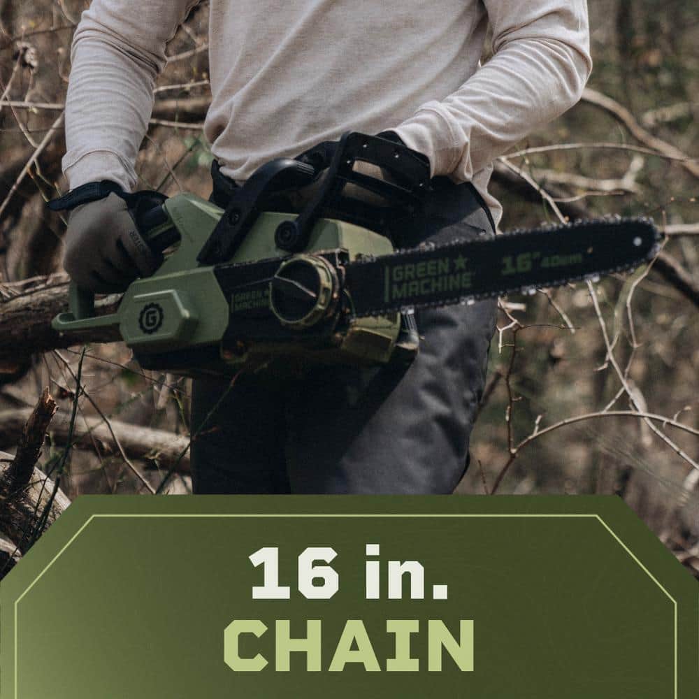 Green Machine 62V Brushless 16 in. Battery Chainsaw Auto-tensioning system, easy trigger start with 4 Ah Battery and Charger GMCS6200