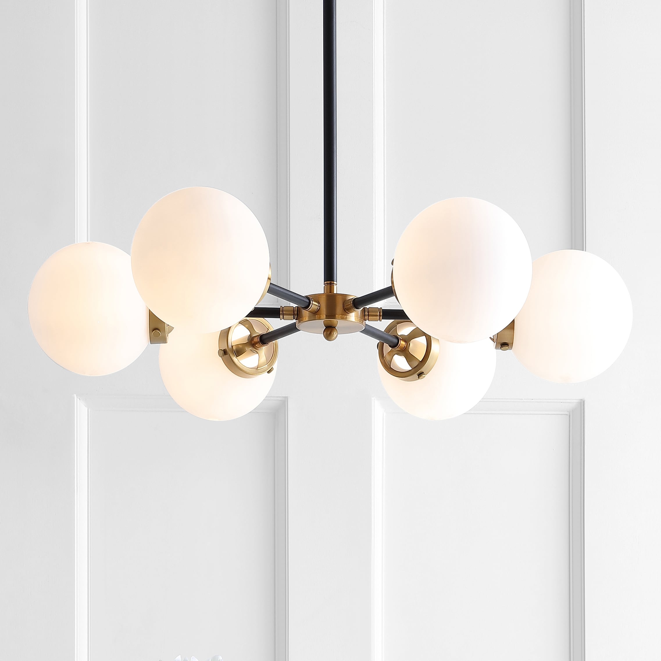 JONATHAN Y 28" Caleb Transitional 6 -Light Brass gold/black Modern/contemporary Frosted glass Globe Large Hanging Pendant Light JONATHAN Y 28" Caleb Transitional 6 -Light Brass gold/black Modern/contemporary Frosted glass Globe Large Hanging Pendant Light