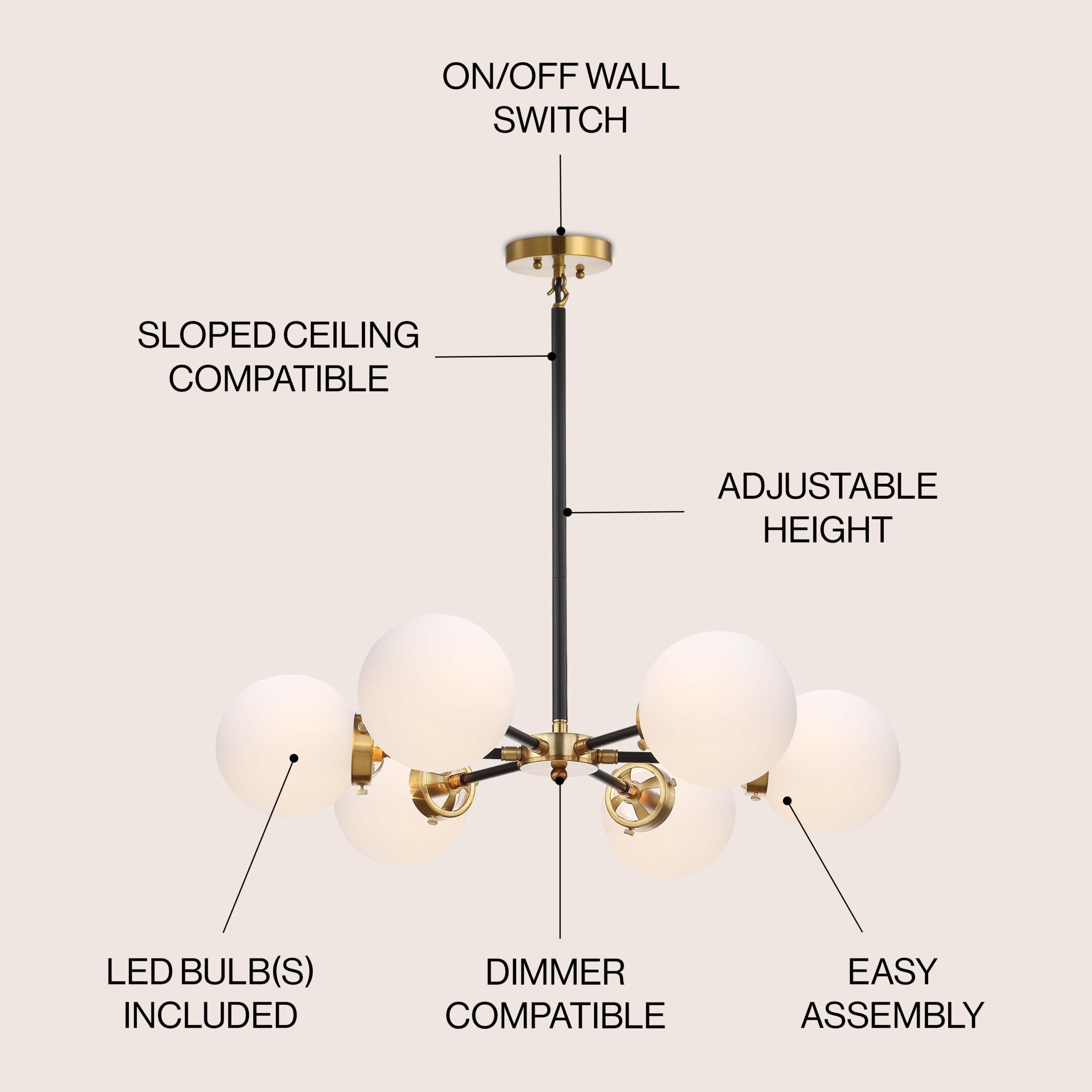 JONATHAN Y 28" Caleb Transitional 6 -Light Brass gold/black Modern/contemporary Frosted glass Globe Large Hanging Pendant Light JONATHAN Y 28" Caleb Transitional 6 -Light Brass gold/black Modern/contemporary Frosted glass Globe Large Hanging Pendant Light